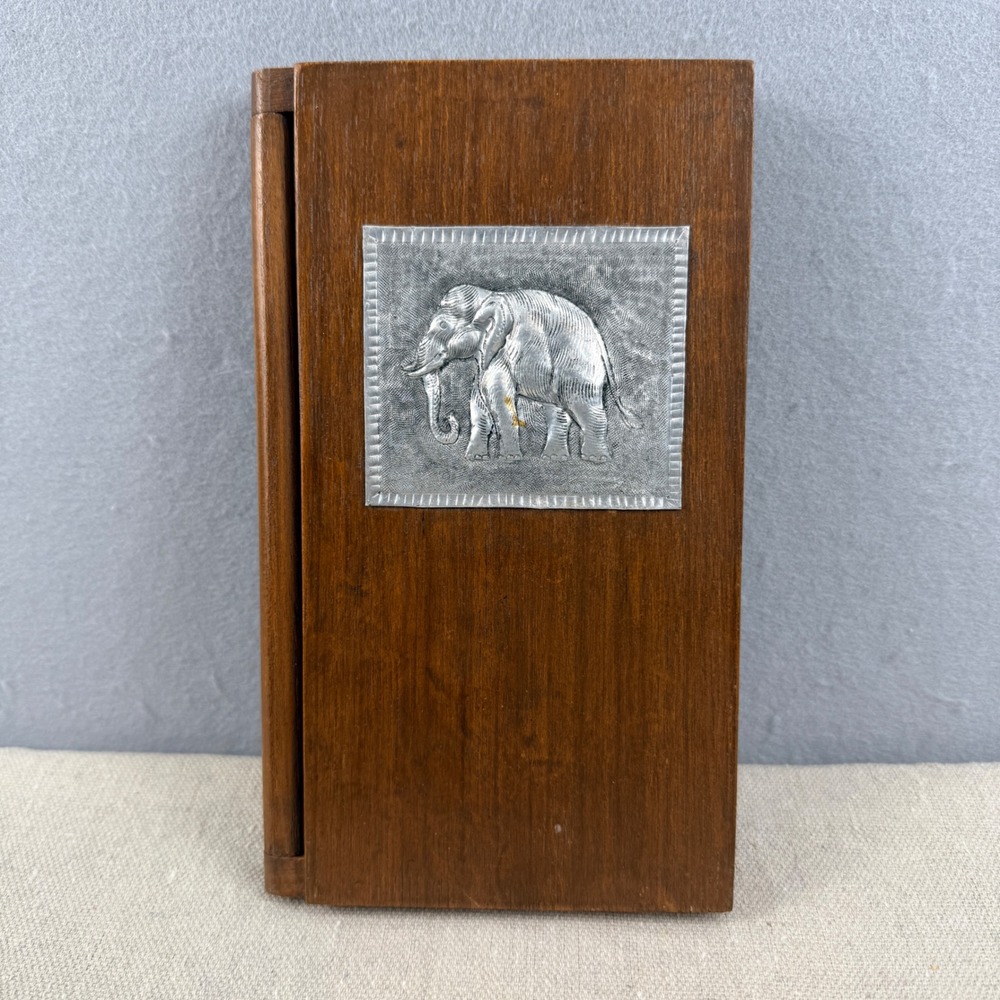 Vintage Wooden Elephant Address Book Metal Plaque Teak Wood Unused 1980s Desk